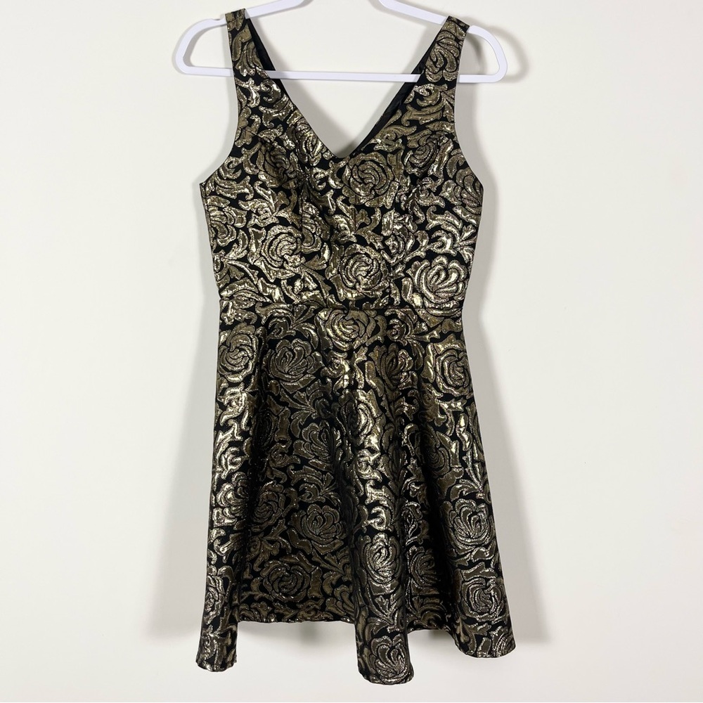 Rhyme Los Angeles Womens Black Gold Floral Dress Size Small Holiday Christmas